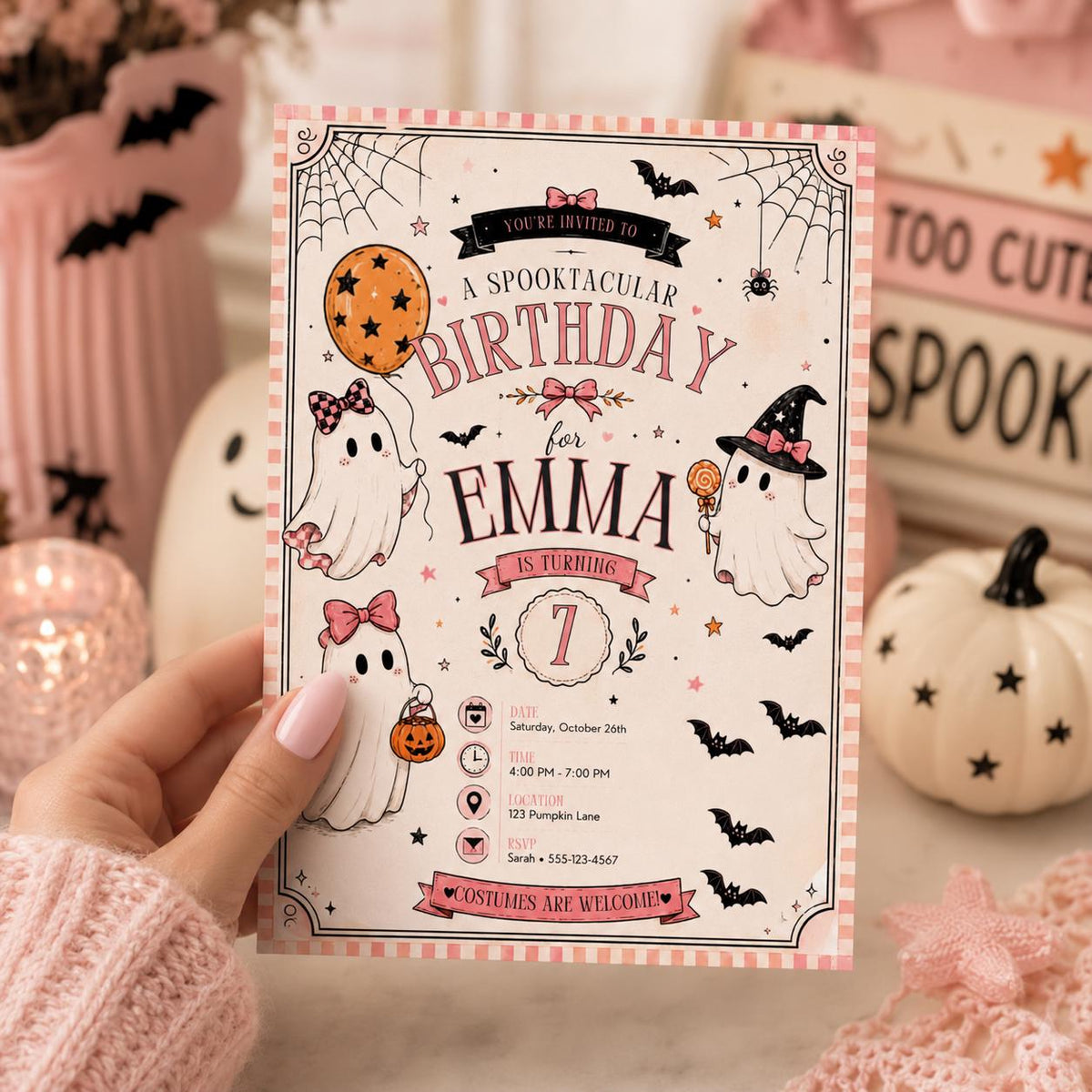 Pink Halloween 7th Birthday Invitation, Cute Ghost Party Invite, Girls Spooky Costume Party, Editable Canva Template, Instant Download