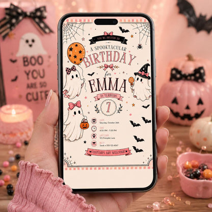 Pink Halloween 7th Birthday Invitation, Cute Ghost Party Invite, Girls Spooky Costume Party, Editable Canva Template, Instant Download