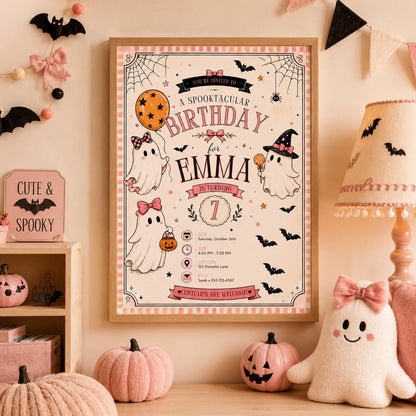 Pink Halloween 7th Birthday Invitation, Cute Ghost Party Invite, Girls Spooky Costume Party, Editable Canva Template, Instant Download
