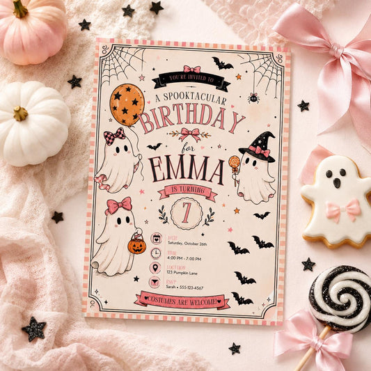 Pink Halloween 7th Birthday Invitation, Cute Ghost Party Invite, Girls Spooky Costume Party, Editable Canva Template, Instant Download