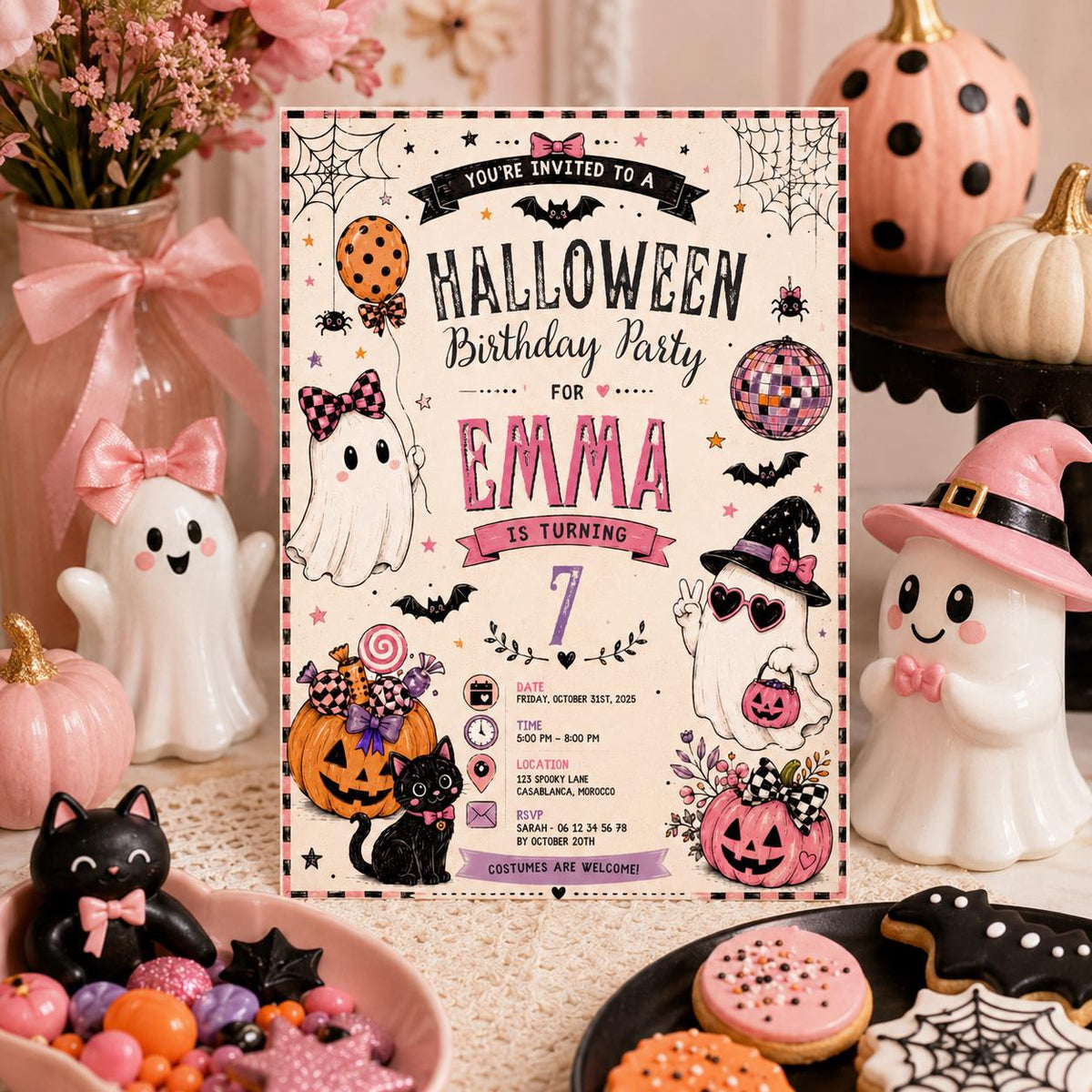 Pink Halloween 7th Birthday Invitation, Cute Ghost Party Invite, Girls Spooky Costume Party, Editable Canva Template, Instant Download