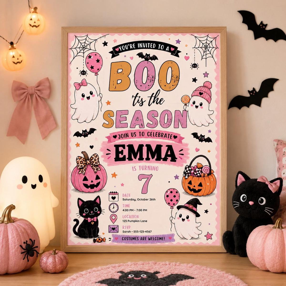 Pink Halloween 7th Birthday Invitation, Cute Ghost Party Invite, Girls Spooky Costume Party, Editable Canva Template, Instant Download