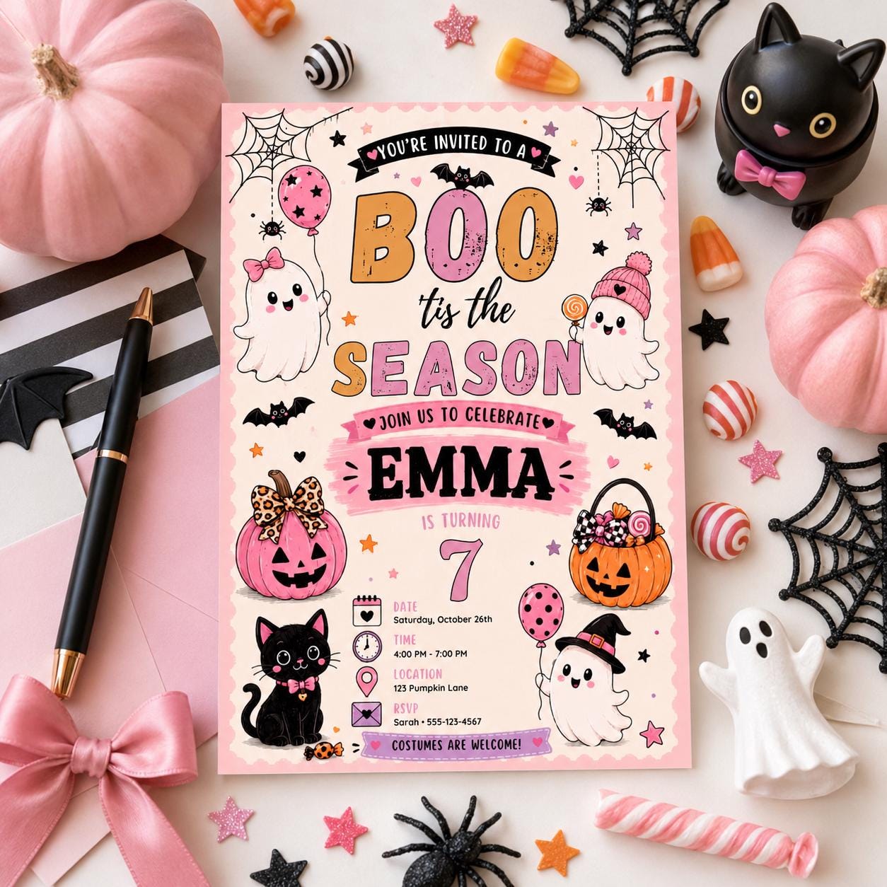 Pink Halloween 7th Birthday Invitation, Cute Ghost Party Invite, Girls Spooky Costume Party, Editable Canva Template, Instant Download