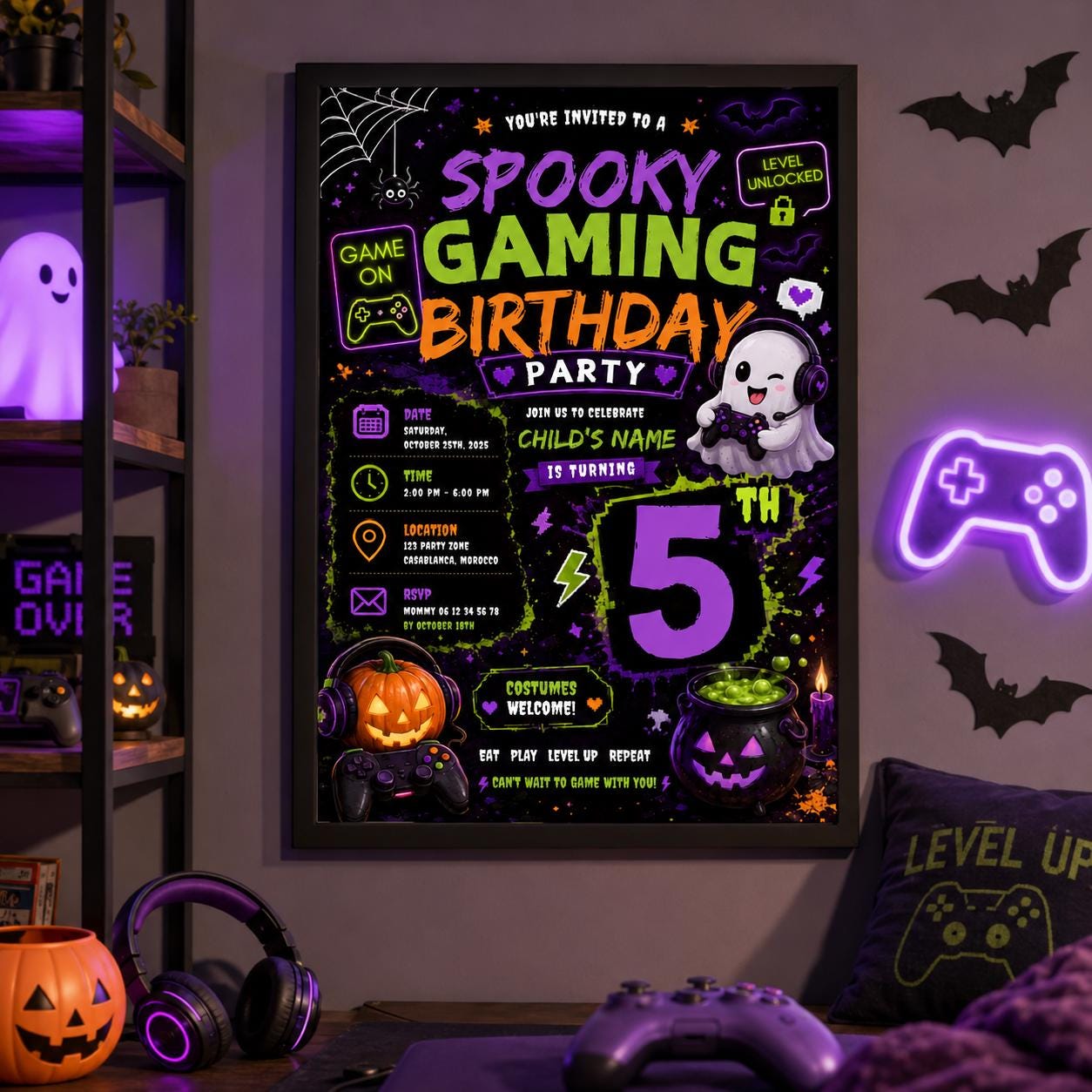 Spooky Gaming 10th Birthday Invitation, Halloween Video Game Party Invite, Neon Gamer Editable Canva Template, Instant Download