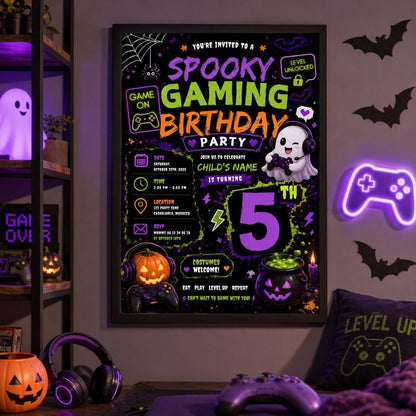 Spooky Gaming 10th Birthday Invitation, Halloween Video Game Party Invite, Neon Gamer Editable Canva Template, Instant Download