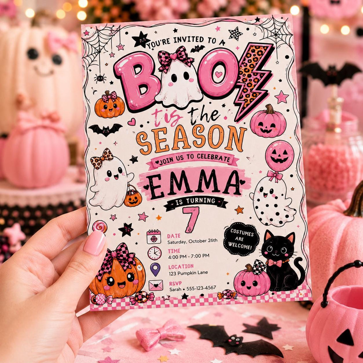 Pink Halloween 7th Birthday Invitation, Cute Boo Ghost Party Invite, Girls Spooky Birthday, Editable Canva Template, Instant Download