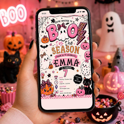 Pink Halloween 7th Birthday Invitation, Cute Boo Ghost Party Invite, Girls Spooky Birthday, Editable Canva Template, Instant Download