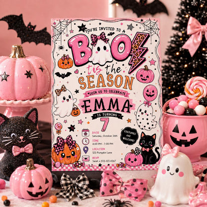 Pink Halloween 7th Birthday Invitation, Cute Boo Ghost Party Invite, Girls Spooky Birthday, Editable Canva Template, Instant Download