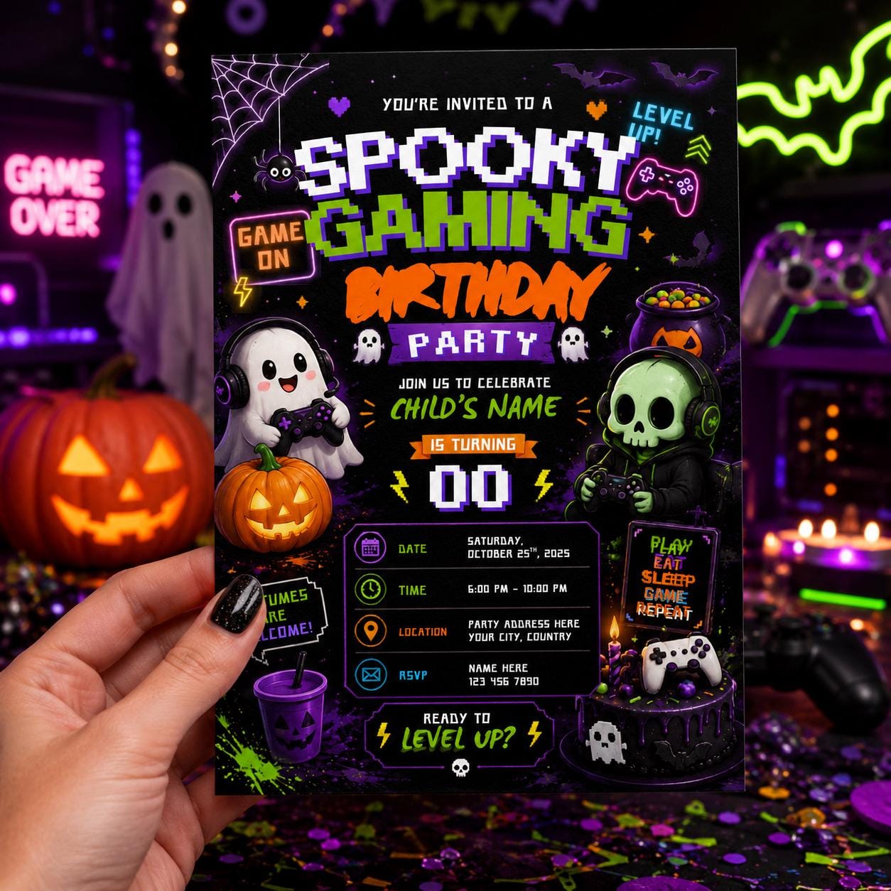 Spooky Gaming 10th Birthday Invitation, Halloween Video Game Party Invite, Neon Gamer Editable Canva Template, Instant Download