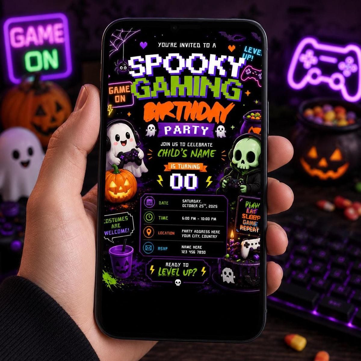Spooky Gaming 10th Birthday Invitation, Halloween Video Game Party Invite, Neon Gamer Editable Canva Template, Instant Download