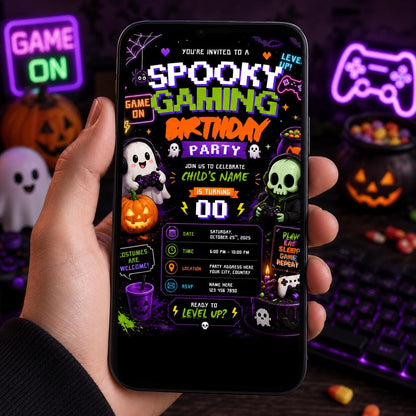 Spooky Gaming 10th Birthday Invitation, Halloween Video Game Party Invite, Neon Gamer Editable Canva Template, Instant Download