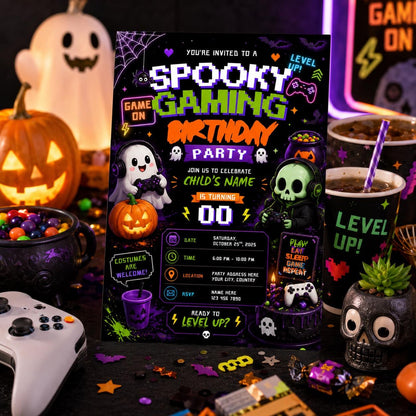 Spooky Gaming 10th Birthday Invitation, Halloween Video Game Party Invite, Neon Gamer Editable Canva Template, Instant Download