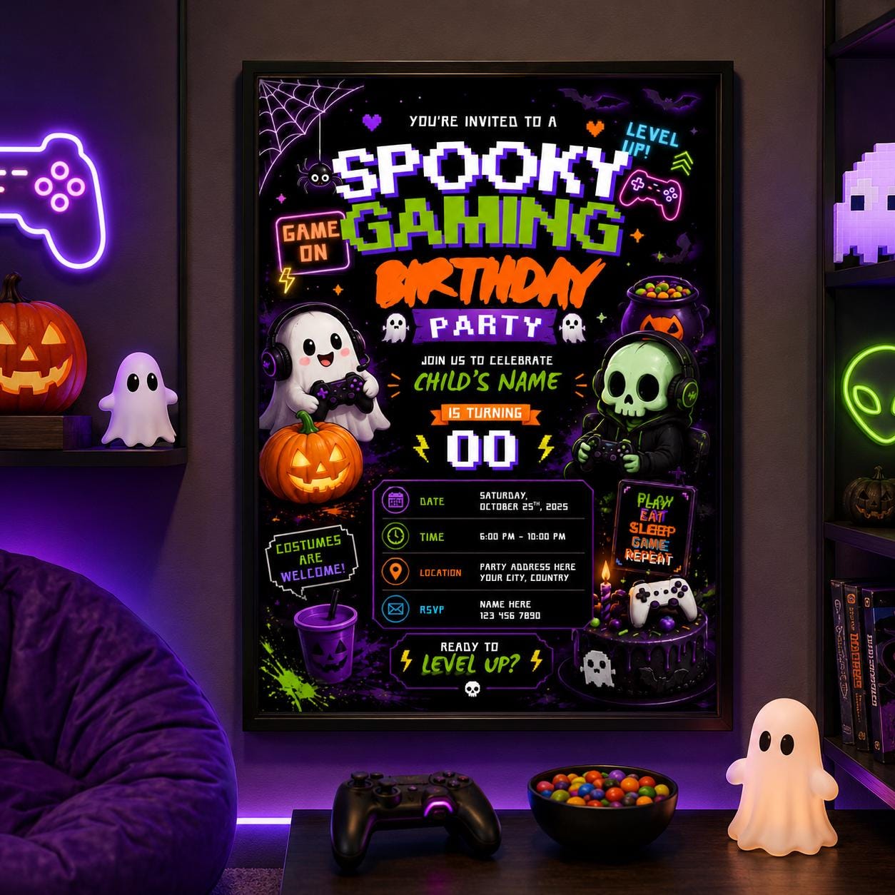 Spooky Gaming 10th Birthday Invitation, Halloween Video Game Party Invite, Neon Gamer Editable Canva Template, Instant Download