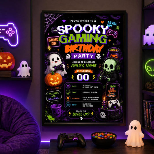 Spooky Gaming 10th Birthday Invitation, Halloween Video Game Party Invite, Neon Gamer Editable Canva Template, Instant Download