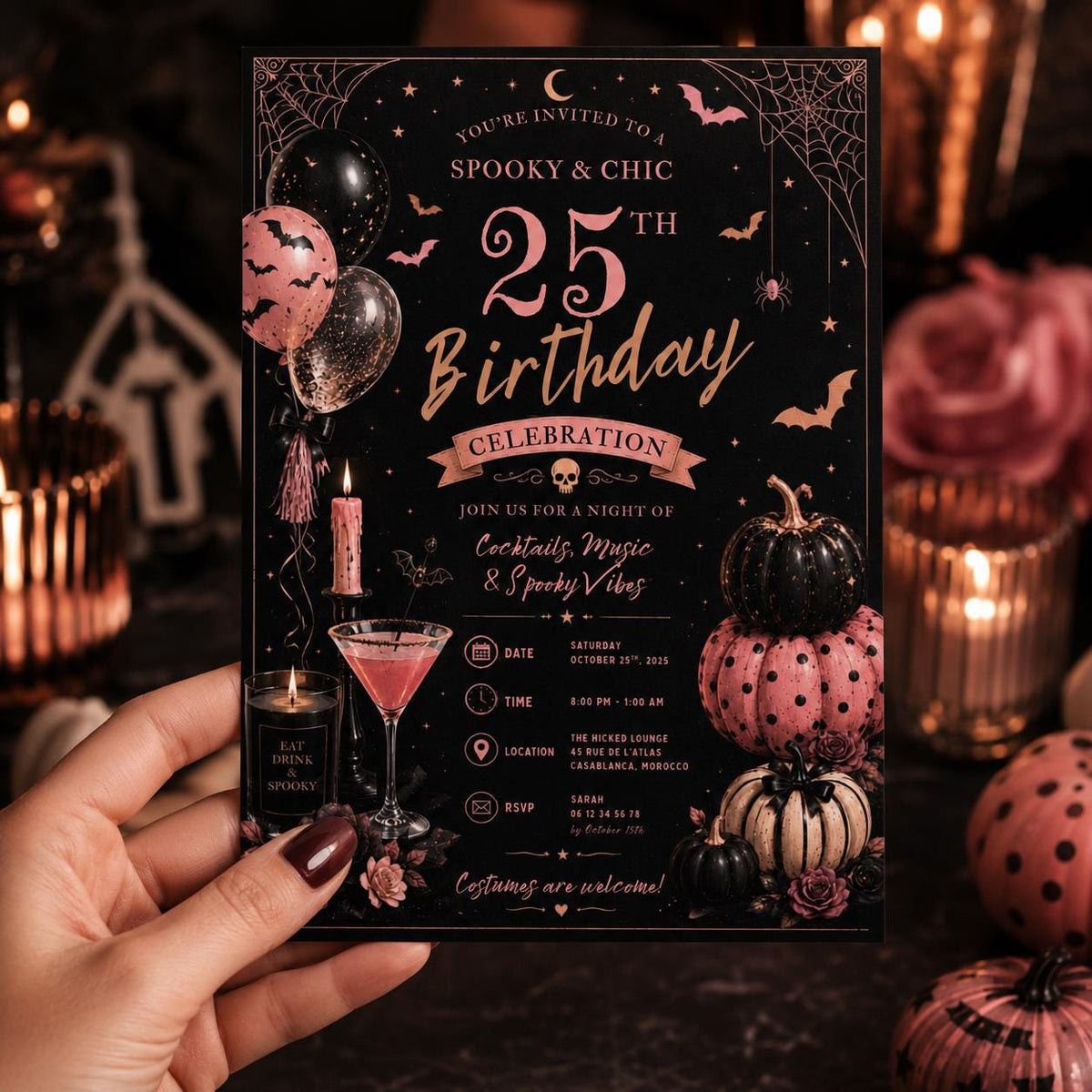 Halloween 25th Birthday Invitation, Pink Cocktail Party Invite, Spooky Adult Birthday, Editable Canva Template, Instant Download