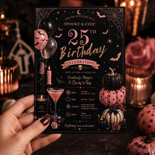 Halloween 25th Birthday Invitation, Pink Cocktail Party Invite, Spooky Adult Birthday, Editable Canva Template, Instant Download