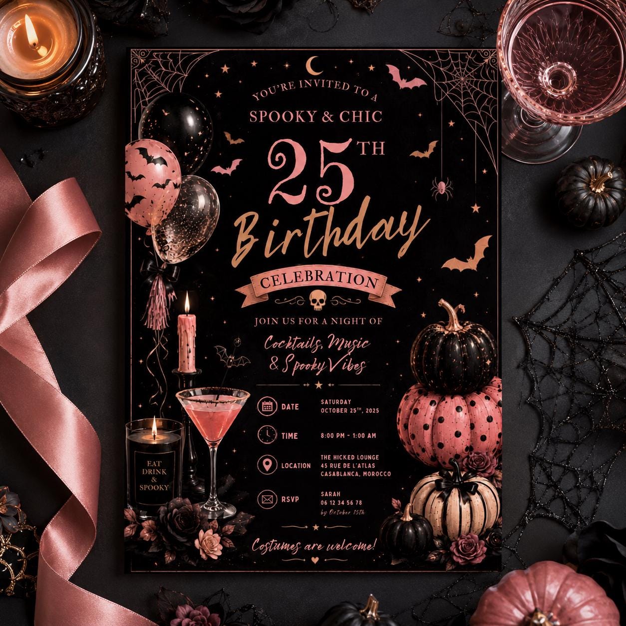 Halloween 25th Birthday Invitation, Pink Cocktail Party Invite, Spooky Adult Birthday, Editable Canva Template, Instant Download
