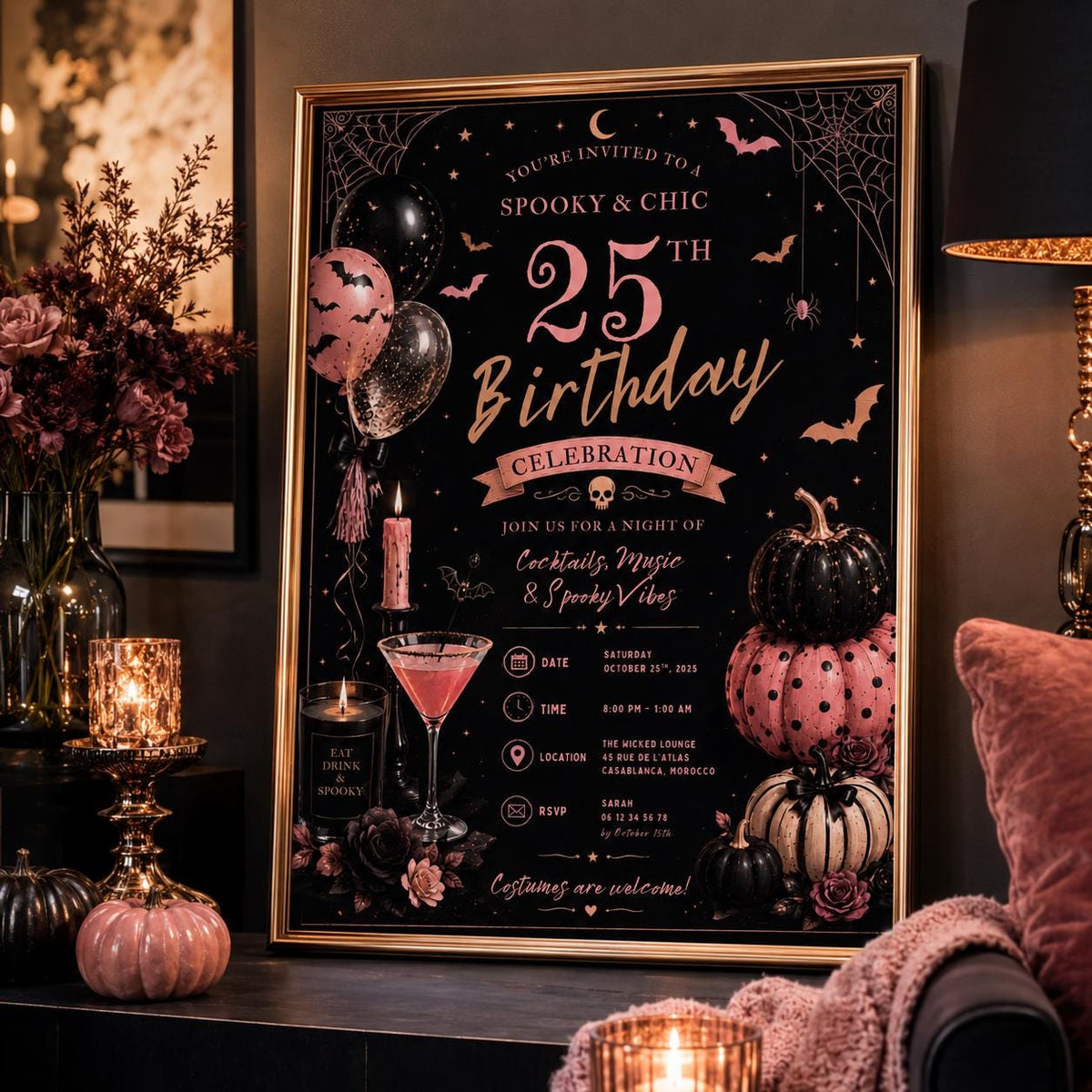 Halloween 25th Birthday Invitation, Pink Cocktail Party Invite, Spooky Adult Birthday, Editable Canva Template, Instant Download