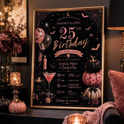Halloween 25th Birthday Invitation, Pink Cocktail Party Invite, Spooky Adult Birthday, Editable Canva Template, Instant Download