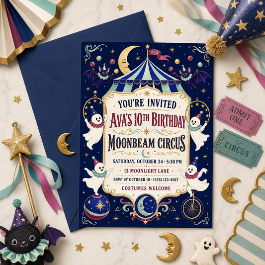 Moonbeam Circus Birthday Invitation, Spooky Halloween Party Invite, Cute Ghost Birthday, Editable Canva Template, Instant Download