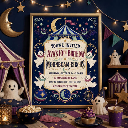 Moonbeam Circus Birthday Invitation, Spooky Halloween Party Invite, Cute Ghost Birthday, Editable Canva Template, Instant Download