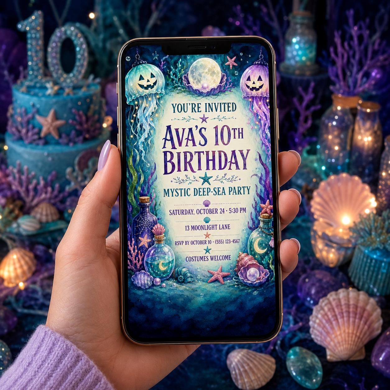 Mystic Deep Sea Birthday Invitation, Underwater Halloween Party Invite, Jellyfish Mermaid Birthday, Editable Canva Template