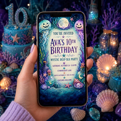 Mystic Deep Sea Birthday Invitation, Underwater Halloween Party Invite, Jellyfish Mermaid Birthday, Editable Canva Template