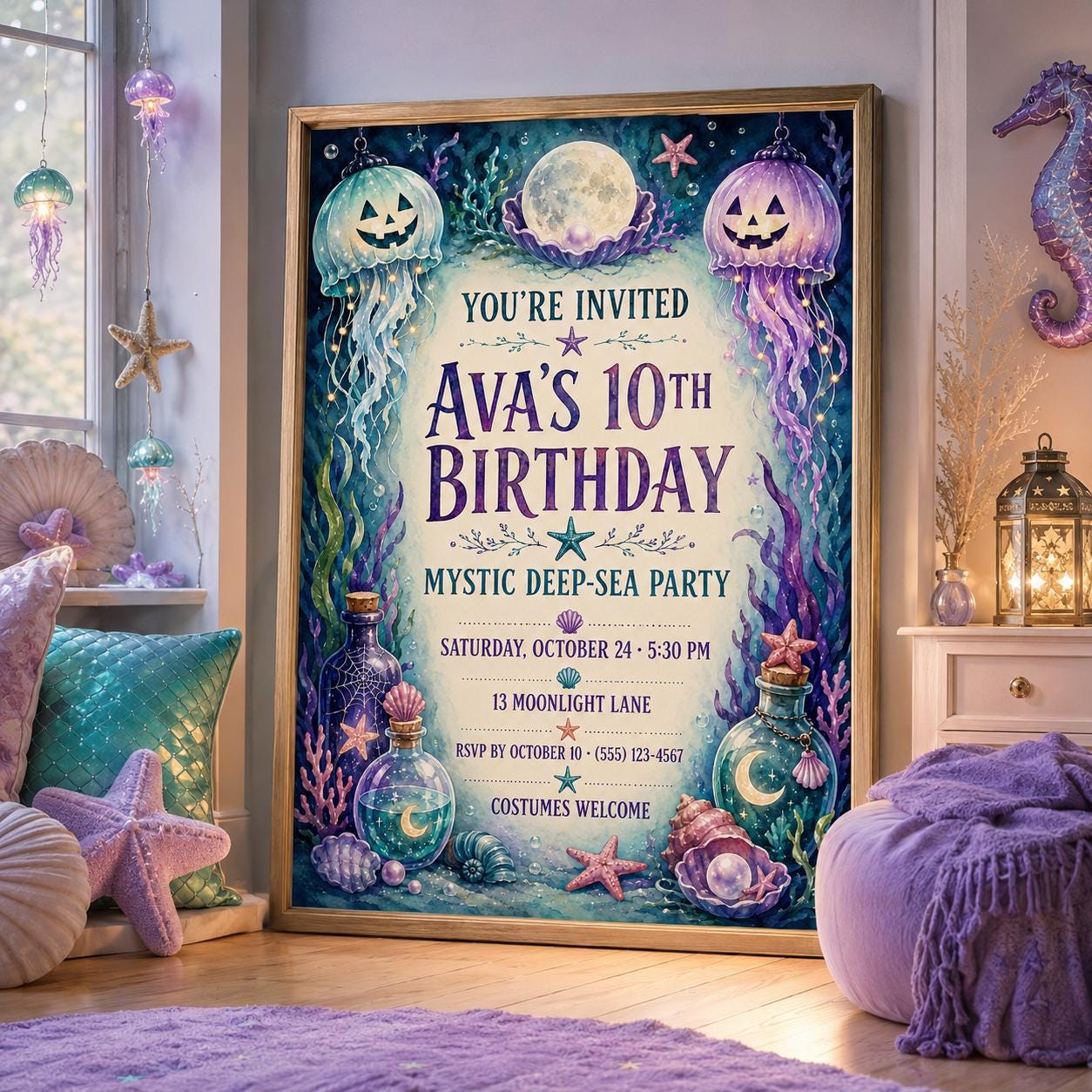 Mystic Deep Sea Birthday Invitation, Underwater Halloween Party Invite, Jellyfish Mermaid Birthday, Editable Canva Template