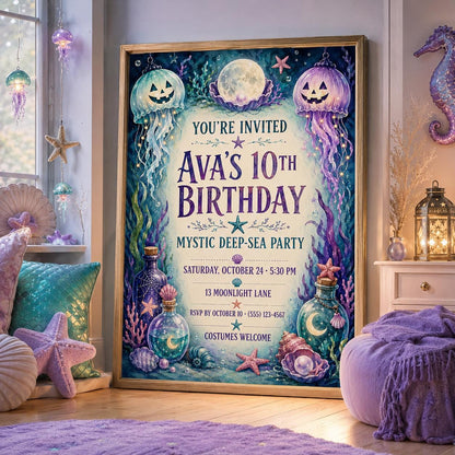 Mystic Deep Sea Birthday Invitation, Underwater Halloween Party Invite, Jellyfish Mermaid Birthday, Editable Canva Template