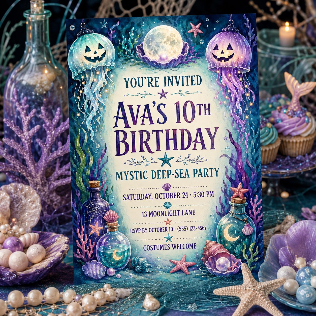 Mystic Deep Sea Birthday Invitation, Underwater Halloween Party Invite, Jellyfish Mermaid Birthday, Editable Canva Template