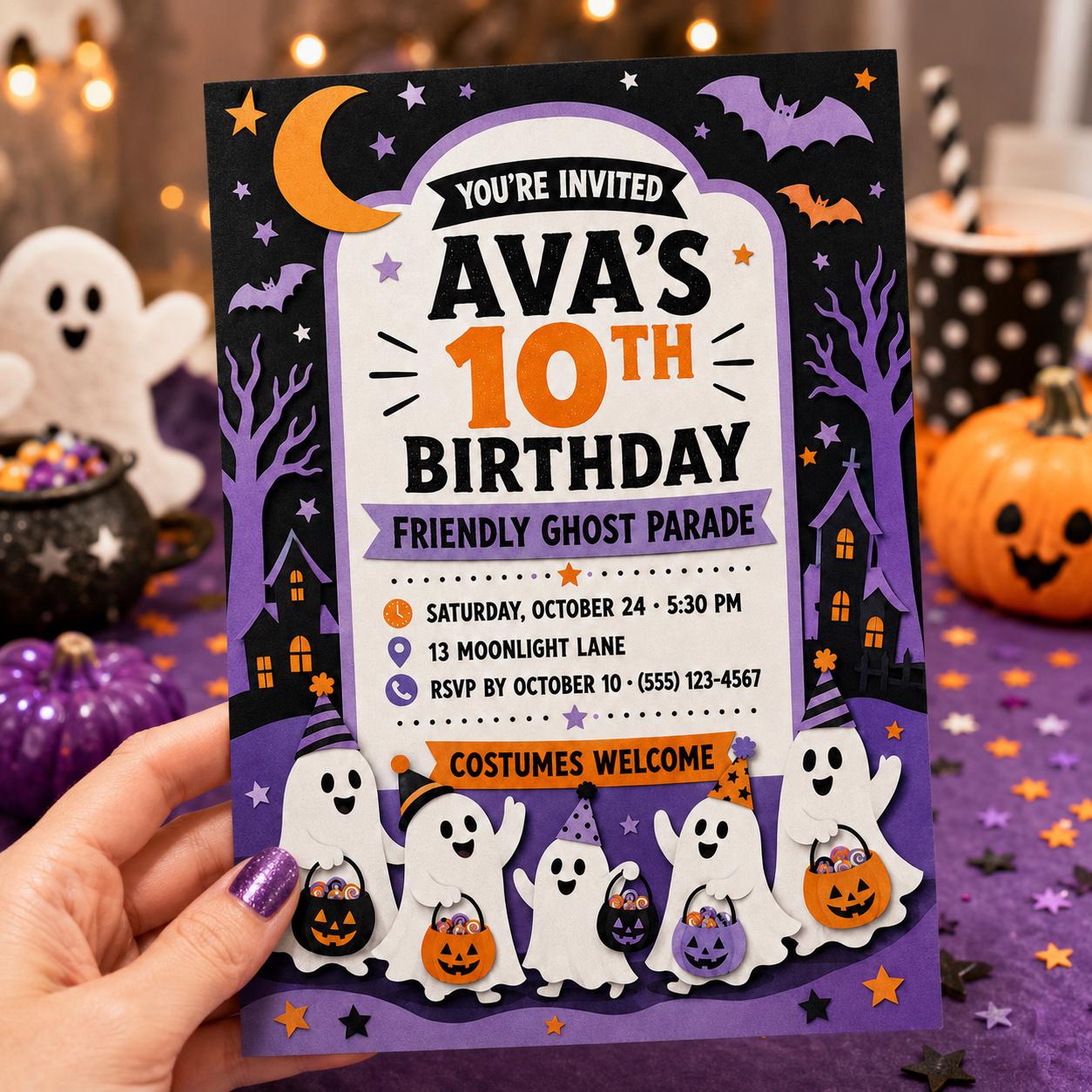 Friendly Ghost Parade Birthday Invitation, Cute Halloween Party Invite for Kids, Editable Canva Template, Instant Download