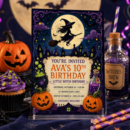 Little Witch Birthday Invitation, Cute Halloween Party Invite for Girls, Spooky Witch Birthday, Editable Canva Template