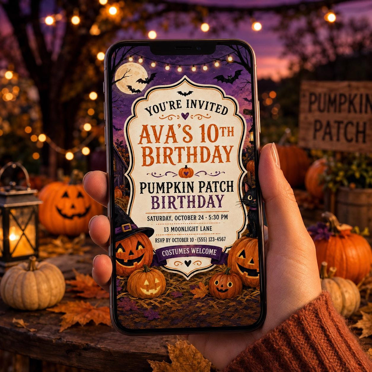 Pumpkin Patch Birthday Invitation, Cute Halloween Party Invite, Black Cat Pumpkin Birthday, Editable Canva Template