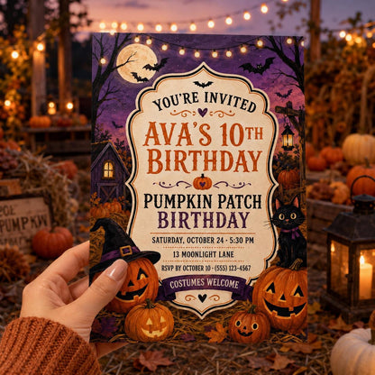 Pumpkin Patch Birthday Invitation, Cute Halloween Party Invite, Black Cat Pumpkin Birthday, Editable Canva Template
