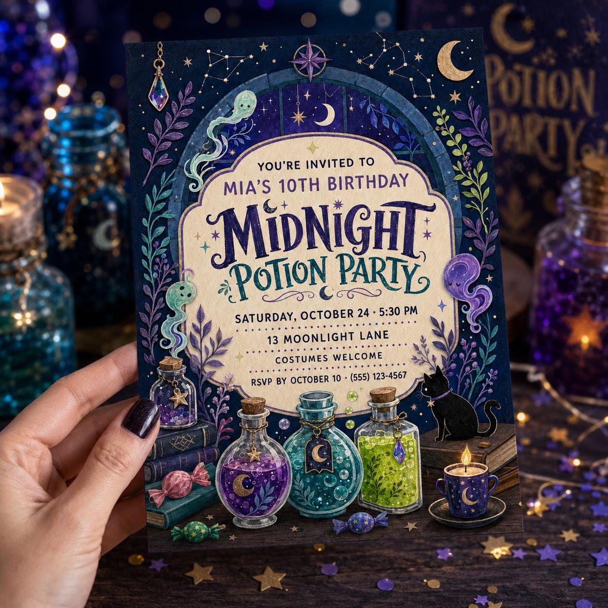 Midnight Potion Party Birthday Invitation, Witchy Halloween Birthday Invite, Magical Potion Party, Editable Canva Template