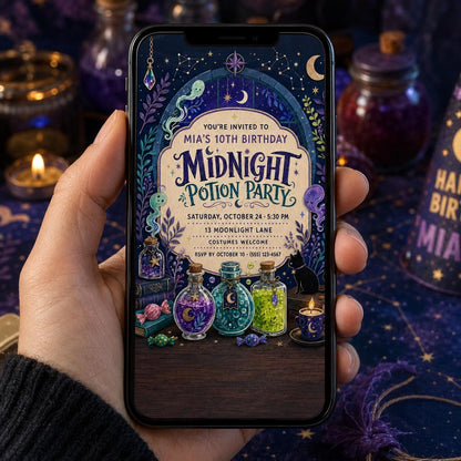 Midnight Potion Party Birthday Invitation, Witchy Halloween Birthday Invite, Magical Potion Party, Editable Canva Template