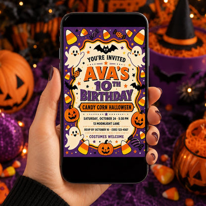 Candy Corn Halloween Birthday Invitation, Cute Ghost Party Invite for Kids, Editable Canva Template, Instant Download
