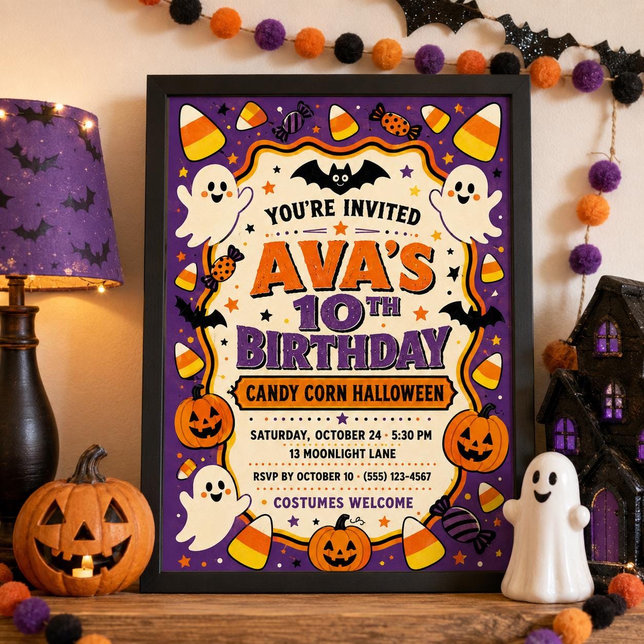 Candy Corn Halloween Birthday Invitation, Cute Ghost Party Invite for Kids, Editable Canva Template, Instant Download