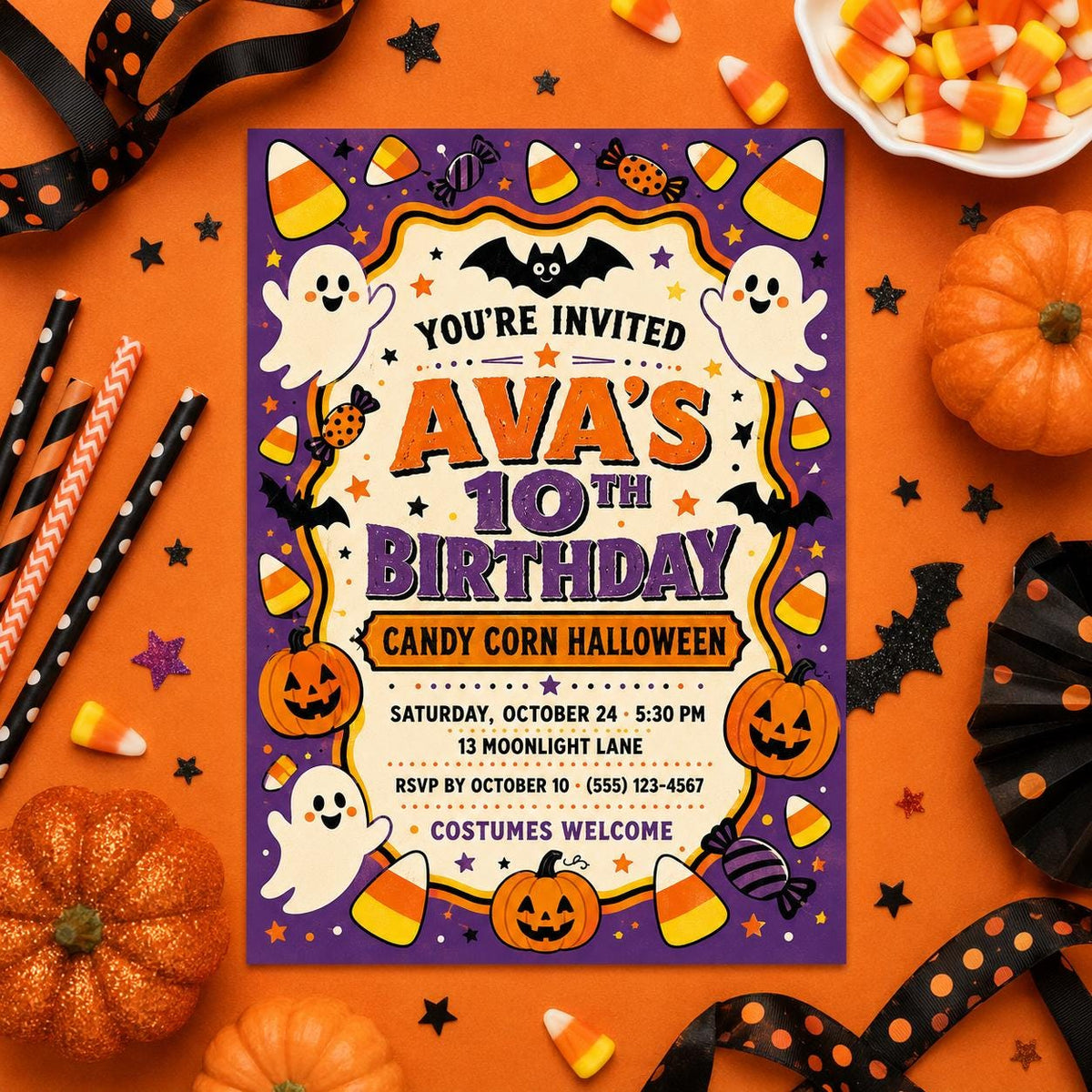 Candy Corn Halloween Birthday Invitation, Cute Ghost Party Invite for Kids, Editable Canva Template, Instant Download
