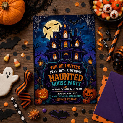 Haunted House Birthday Invitation, Spooky Halloween Party Invite for Kids, Editable Canva Template, Instant Download