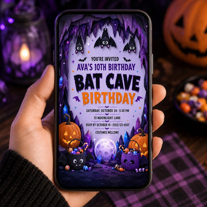 Bat Cave Birthday Invitation, Cute Halloween Bat Party Invite for Kids, Editable Canva Template, Instant Download