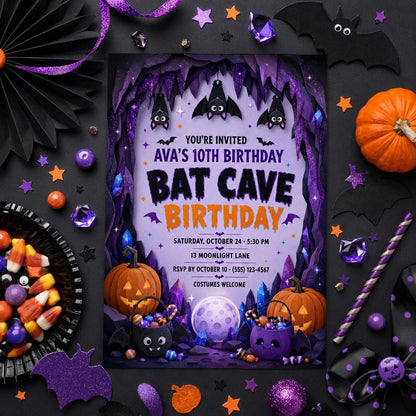 Bat Cave Birthday Invitation, Cute Halloween Bat Party Invite for Kids, Editable Canva Template, Instant Download