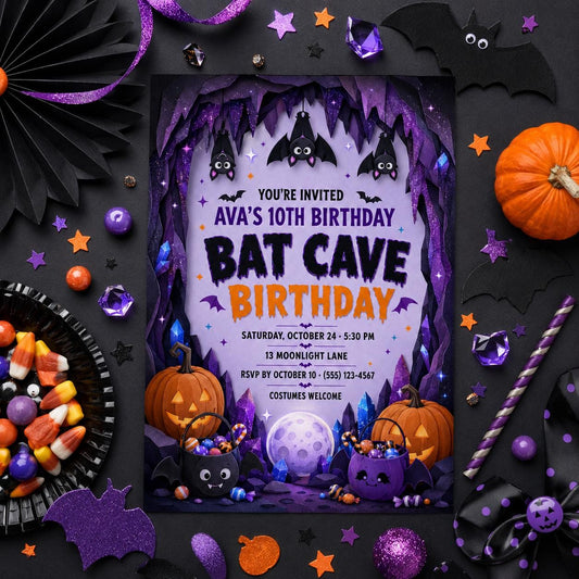 Bat Cave Birthday Invitation, Cute Halloween Bat Party Invite for Kids, Editable Canva Template, Instant Download