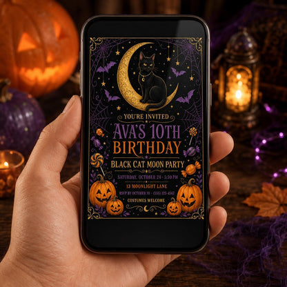 Black Cat Moon Birthday Invitation, Celestial Halloween Party Invite, Witchy Cat Birthday, Editable Canva Template