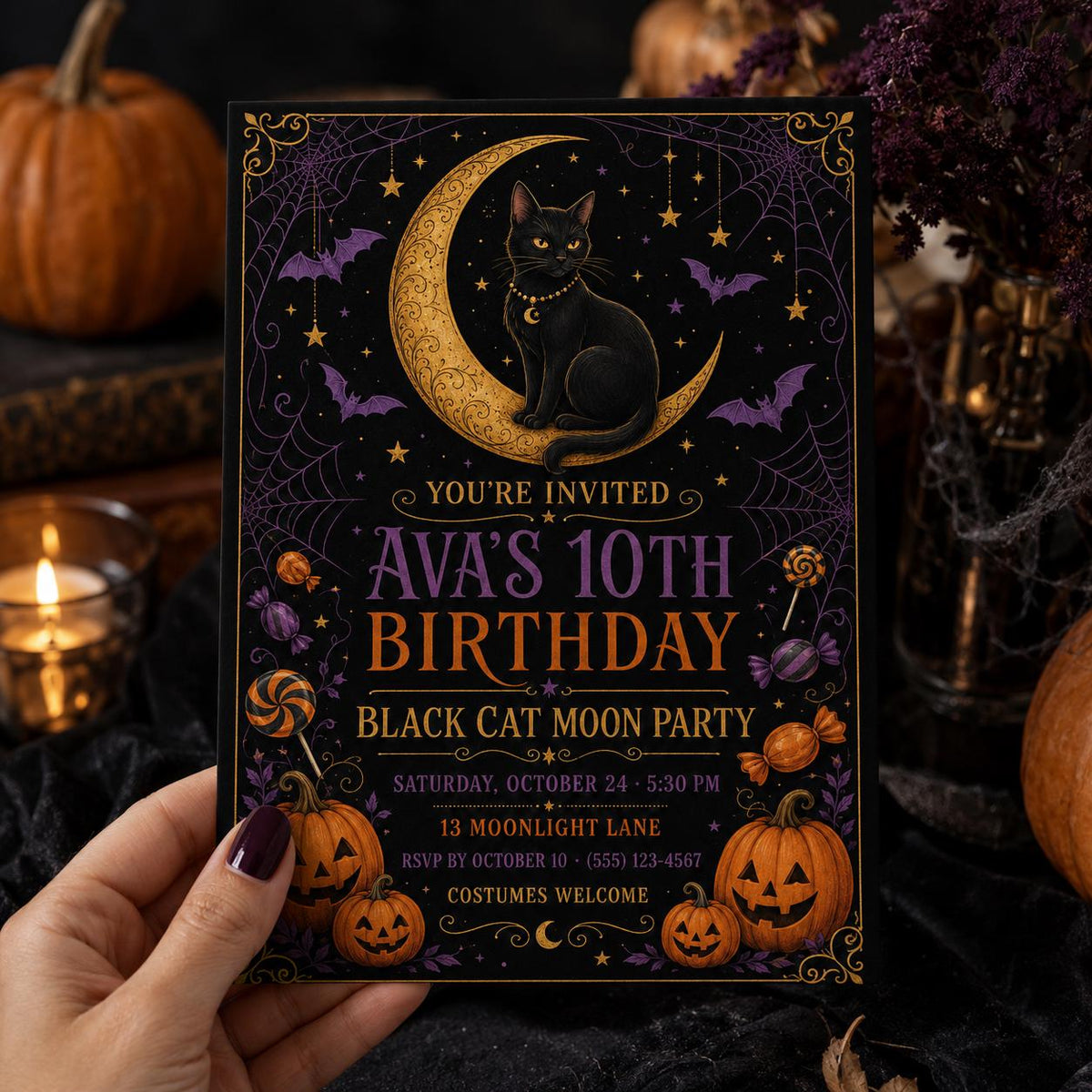 Black Cat Moon Birthday Invitation, Celestial Halloween Party Invite, Witchy Cat Birthday, Editable Canva Template
