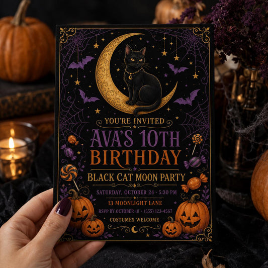 Black Cat Moon Birthday Invitation, Celestial Halloween Party Invite, Witchy Cat Birthday, Editable Canva Template