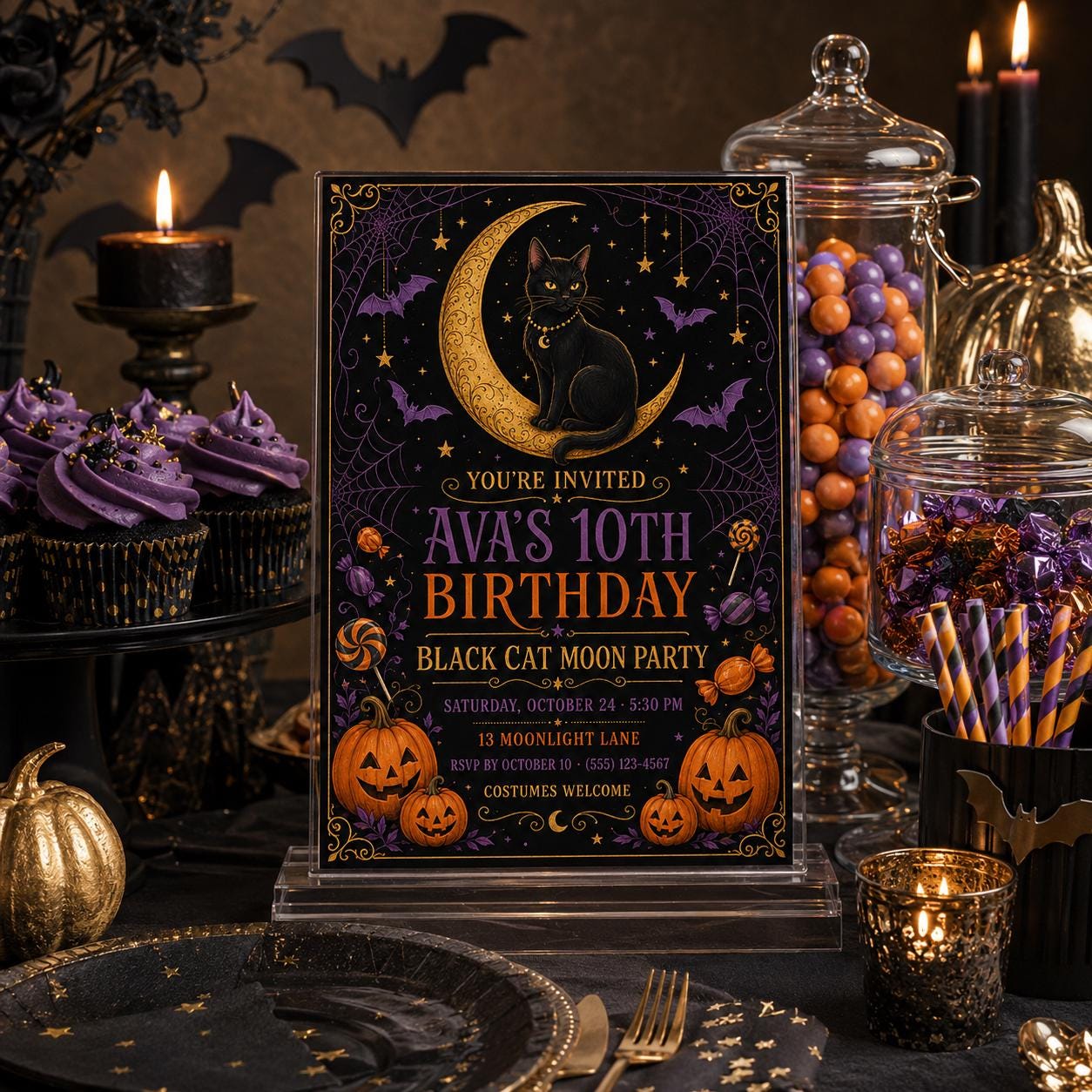 Black Cat Moon Birthday Invitation, Celestial Halloween Party Invite, Witchy Cat Birthday, Editable Canva Template