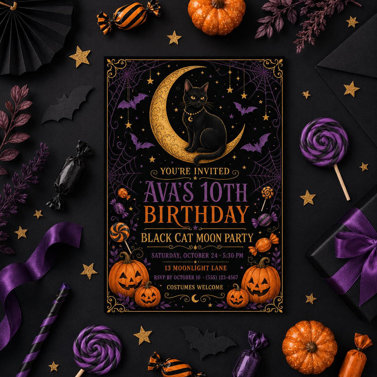 Black Cat Moon Birthday Invitation, Celestial Halloween Party Invite, Witchy Cat Birthday, Editable Canva Template