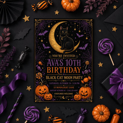Black Cat Moon Birthday Invitation, Celestial Halloween Party Invite, Witchy Cat Birthday, Editable Canva Template