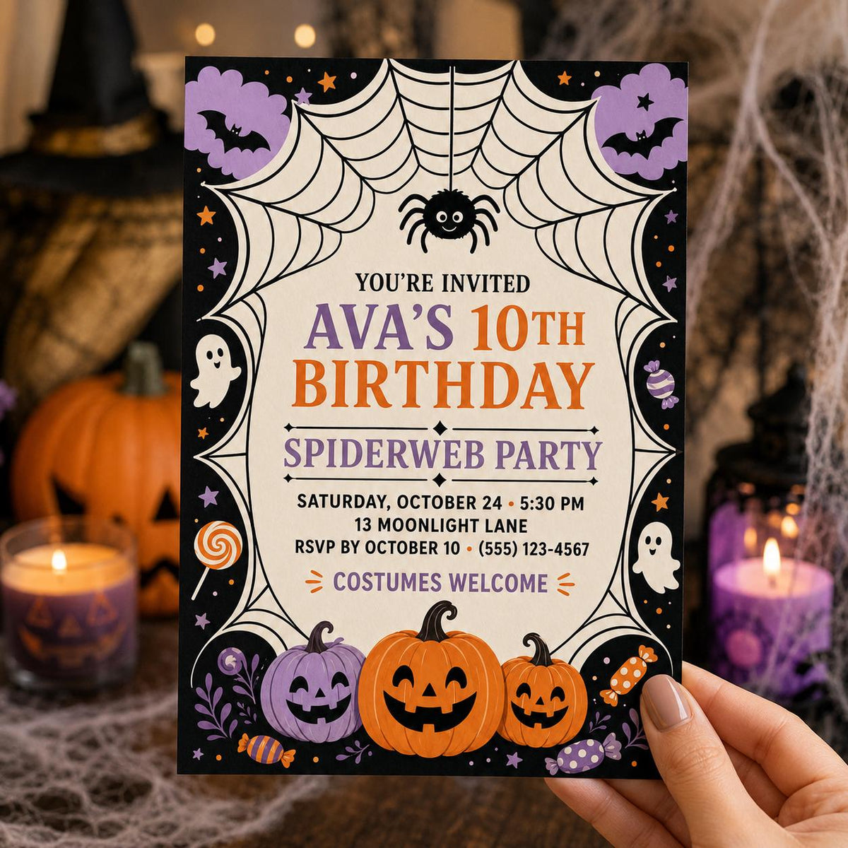 Spiderweb Birthday Invitation, Cute Halloween Party Invite for Kids, Pumpkin and Ghost Editable Canva Template
